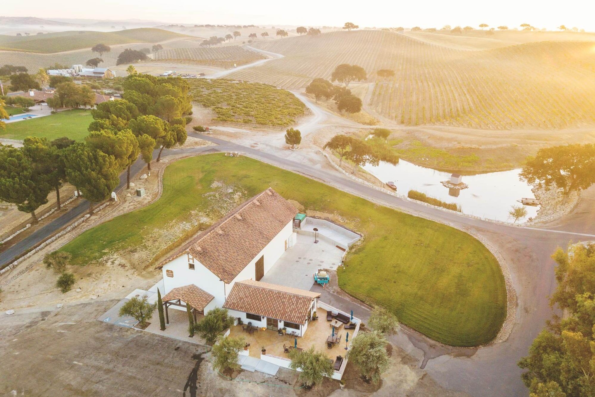 Aerial photo of the Hearst Ranch Winery tasting room and bottling room. 